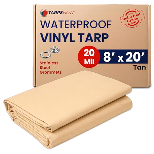 Tarps Now Heavy Duty Vinyl Tarp, (8' X 20') with Stainless Steel Grommets - Waterproof Multi Purpose Tarpaulin Canopy Sheet Cover for Indoor and Outdoor - Tan, 18 oz, 20 Mil