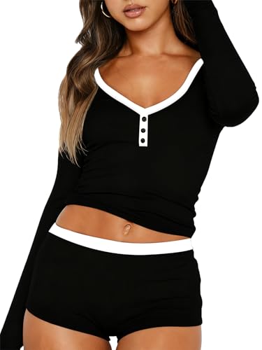 Image of Dressmine Cute Pjs Pajama Sets for Women Sexy 2 Piece Spring Pajamas Lounge Sleep Set Long Sleeve Shorts Sleepwear