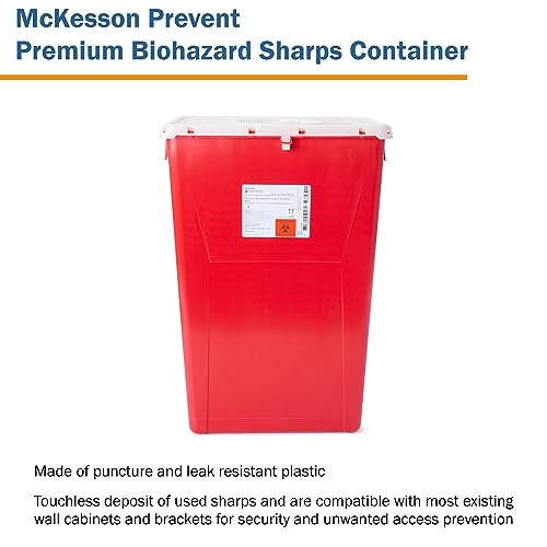 Mckesson Prevent Premium Biohazard Sharps Container - Vertical Entry, Rotating Lid - Red And White, 18 Gal, 13 In X 17 3/10 In X 24 3/5 In, 1 Count #TOP3