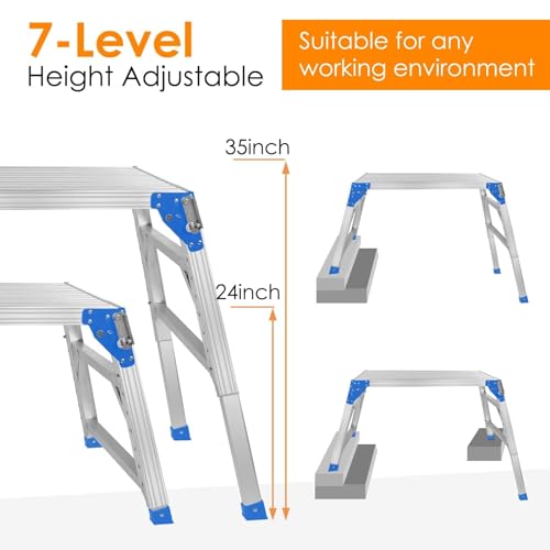 ORIENGEAR Adjustable Work Platform Support 330 lbs Height 24 to 35 inches Portable Aluminum Step Stool Folding Ladder Non Slip for Household Office Cleaning & Washing, Blue - Thumbnail 3