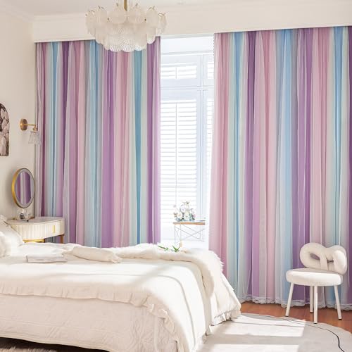 Image of XiDi 100% Blackout Curtains with Sheer Overlay 84 Inches Long 2 Panels for Girls Bedroom Living Room Rainbow Pink Purple Blue Double Layer Curtains for Kids Nursery Unicorn Princess Grommet W52 x L84