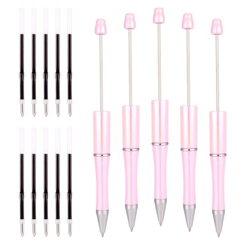 Magibeads 5Pcs Beadable Ballpoint Pens 1mm Black Ink Plastic Beaded Ball Point Pens 10Pcs Pen Refills DIY Pens for Office School Crafts Pens Making Supplies Teacher Student Graduation Pearl Pink