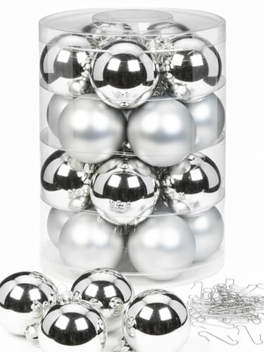 Inge Glas Weihnachtskugeln mit Haken | Schöne Christbaumkugeln aus Glas | Set 20 Kugeln und 40 Aufhänger | Christbaumschmuck Weihnachtsbaumkugeln (Frosty Silver | Silber weiß)