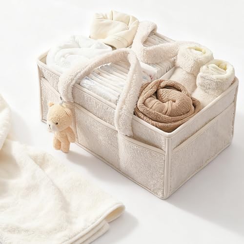 Tuocal Wickeltisch Organizer, Baby Windel Caddy Organizer Korb mit Fächern & Griffen, Tragbarer Baby Aufbewahrungskorb für Windeln und Feuchttüche, Geschenk für Babyparty, Beige