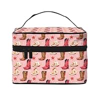 Leopard Print Pink Cowboy Boots Print Makeup Bag Toiletry Bags, Cute Cosmetic Bags for Women, Large Travel Make Up Organizer Bag