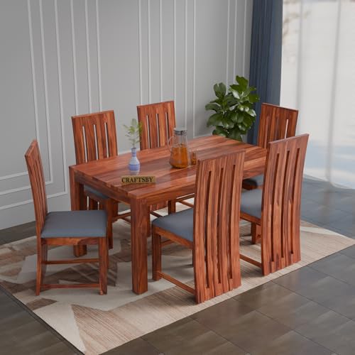 Image of 57 Inch Length Solid Sheesham Wood 6 Seater Dining Table Set | Six Seater Dinner Table with 6 Grey Cushions High Chairs | Dinning Table Set 6 Seater For Living Room|Table & Chair,Honey Finish