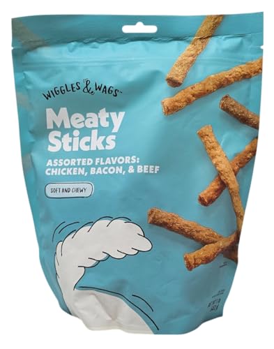 Wiggles & Wags Meaty Sticks Assorted Chicken Bacon and Beef Flavor Dog Treats 1 Pound Bag