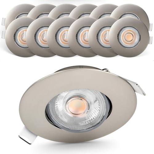 Emos Exclusive ultraflache LED Einbaustrahler 50° schwenkbar, Set mit 12 Stück Spots rund, 5W / 450lm / warmweiß 3000k, LED Modul Einbauleuchten (silber/nickel)