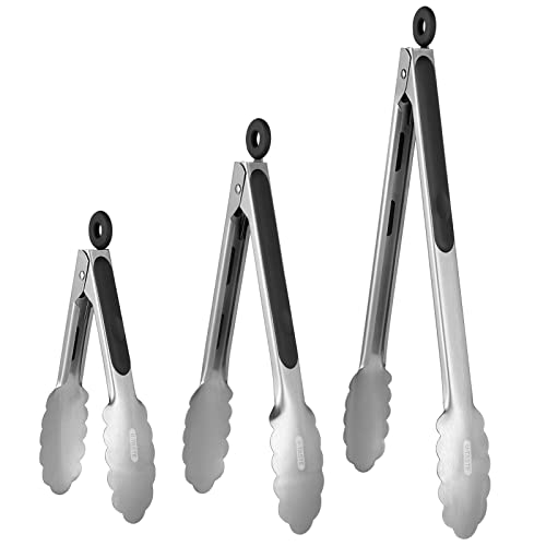 18/8 Stainless Steel Kitchen Tongs: U-Taste 7+9+12 Inch Heat Resistant Cooking Tong With Sturdy Metal Tips & Non Slip Silicone Handle & Smooth Locking For Serving Bbq (Set Of 3, Black) #TOP26