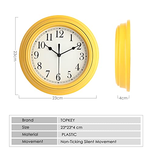 Topkey Silent Wall Clock Kitchen 9 Inch Retro Non-Ticking Decorative Bedroom Office Wall Clock -Yellow #TOP4