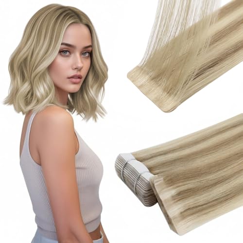Image of Full Shine Tape in Hair Extensions Human Hair, 16 /22 Golden Blonde Highlight Medium Blonde, 14 Inch 20pcs 40g Seamless Hair Extensions Remy Silky Straight for Daily Wear Easy Install