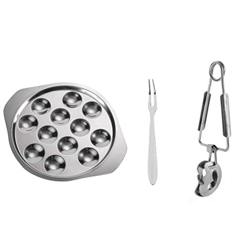 Cabilock Escargot Dining Set 12 Compartment Holes Snail Escargot Plate Tong Fork Set Oyster Serving Trays Stainless Steel Oyster Pan Shell Shaped Dishes for Lemons Sauce Oysters