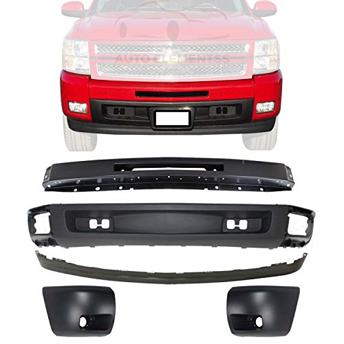 New Front Bumper Primed Steel + Lower Valance & Extension Air Deflector Textured + End Caps Left Driver & Right Passenger Side For 2007-2013 Chevrolet Silverado 1500 Direct Replacement 25821880