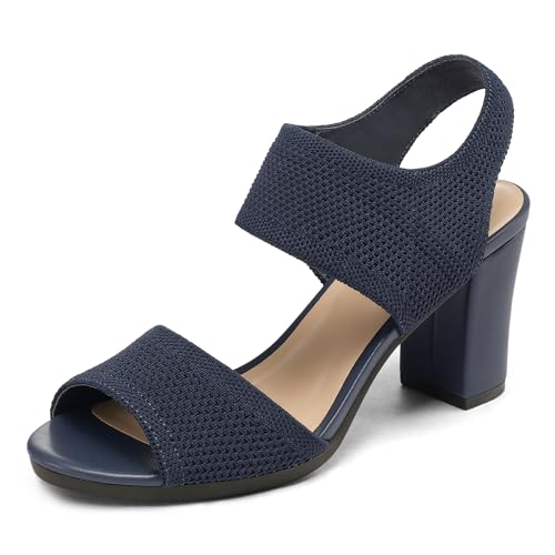 Image of mysoft Women's Chunky Block High Heels Slingback Open Toe Heeled Sandals | Casual Wide Width Fit, 3.3 Inch Heel, Elastic Knit Upper, Hook-And-Loop Atrap, Non-Slip Sole, Wedding Party Dress Shoes
