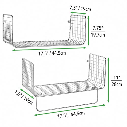 Mdesign Metal Wire Farmhouse Wall Decor Storage Organizer Shelving Set - 1 Shelf With Towel Bar For Bathroom, Laundry Room, Kitchen, Garage - Wall Mount, 2 Pieces - Chrome #TOP6