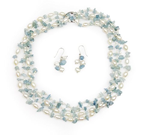 Hinsongayle 'Sky' 2-Strand Freshwater Cultured Pearl & Aquamarine Necklace & Dangle Earrings-40 In Length #TOP1