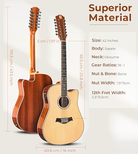 Vangoa VA20CE NT12 12 String Guitar, Acoustic Electric Guitar 12 Strings, Spruce Top thumb #6