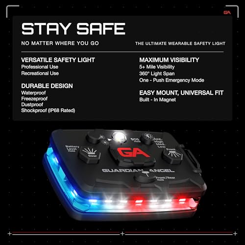 Image of Guardian Angel Elite Series Safety Light - Red /Blue /White Front & Red /Blue Rear - Rechargeable, Magnetic, Hands-Free Wearable LED Flashlight for Law Enforcement, First Responders & Firefighters