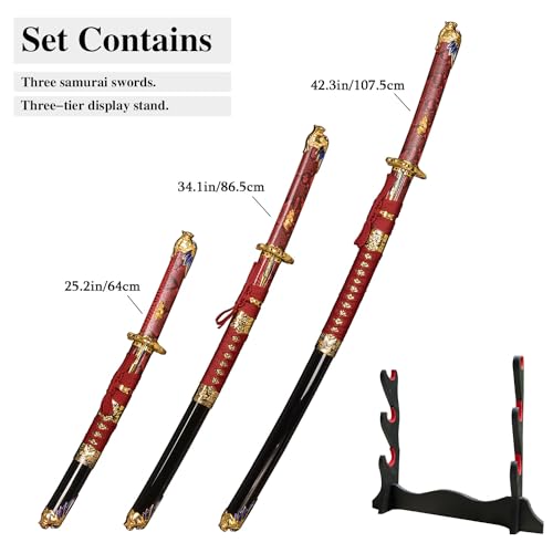 3Pcs Samurai Sword Set with Display Stand,Full Tang Katana Dragon Tsuba High Carbon Steel Sword