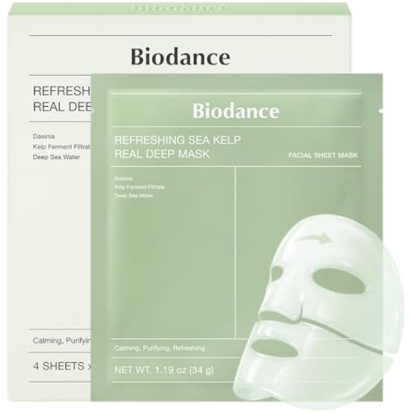 BIODANCE Refreshing Sea kelp Real Deep Mask, Overnight Hydrogel Mask, Calming, Oil & Sebum Control, Blemish Care, Korean Skin Care, Gifts for Women | 1.19oz(34g) x 4ea