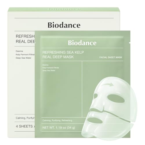 BIODANCE Refreshing Sea kelp Real Deep Mask, Overnight Hydrogel Face Mask, Calming, Oil & Sebum Control, Blemish Care, After Sun Care, Sunburn Relief, Korean Skin Care | 1.19oz(34g) x 4ea