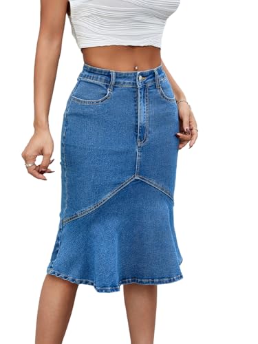 Women's Fishtail Denim Skirt Mid Rise Patchwork Below Knee Length Flared Jean Skirts4