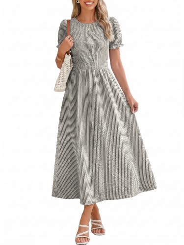 Simplee Womens Summer Casual Midi Dress Striped Smocked Puff Sleeve