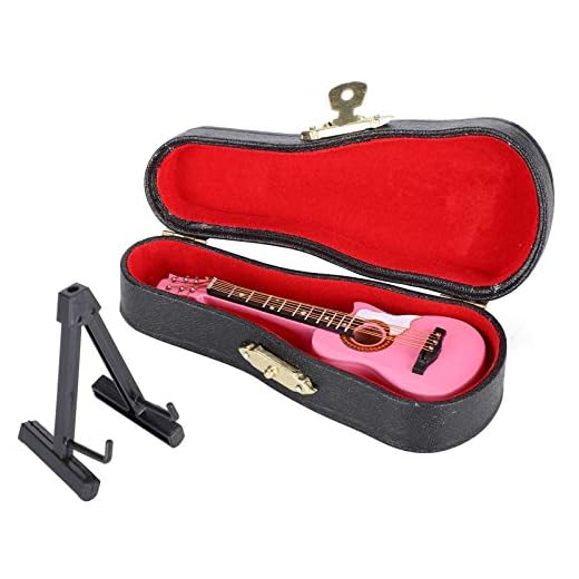 Guitarra en Miniatura de 10 cm/3.9in con Soporte y Caja de Ornamentos de Guitarra Rosa Adorno para la Artesanía para Decoración de la Oficina en el Hogar