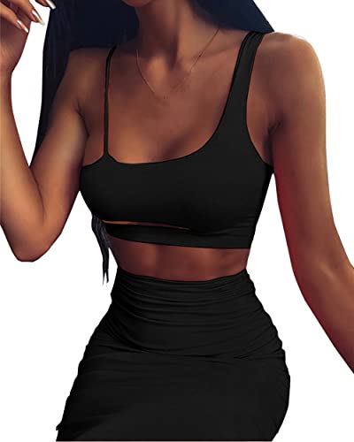 Primoda Women's Sexy Asymmetrical Spaghetti Strap Dress Square Neck Sleeveless Bodycon Midi Club Dress(Black L) #TOP1