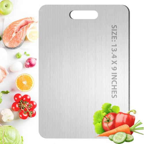Titanium Cutting Board - 100% Pure Titanium Cutting Boards for Kitchen Double Sided Non Toxic Metal Cutting Board Chopping Boards for Raw & Cooked Food, Features Handle, Dishwasher Safe, 13.4" x 9"