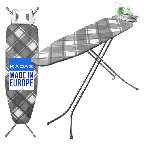 KADAX Klappbares Bügelbrett, 120x38cm Dampfbügelbrett mit Metallnetz, Bügeltisch mit rutschfesten Füßen, Höhenverstellbares Bügelbrett mit Bügeleisenablage (Kariert)