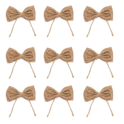 10Pcs Burlap Bows Bow Tie Ornaments Handmade Rustic Bowknot Wedding Decor Bows Bowknot Embellishments with Jute String for DIY Art Craft Gifts Wrapping Home Christmas Tree Topper Party Supplies