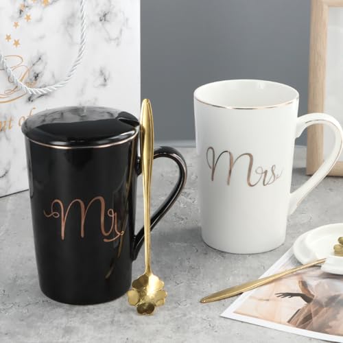 Set mokken, Mr. en Mrs. Keramische koffiemokken met deksel en lepel, cadeau voor Kerstmis, bruiloft, paar, verjaardag, verloving, Valentijnsdag, 400 ml - Afbeelding 4