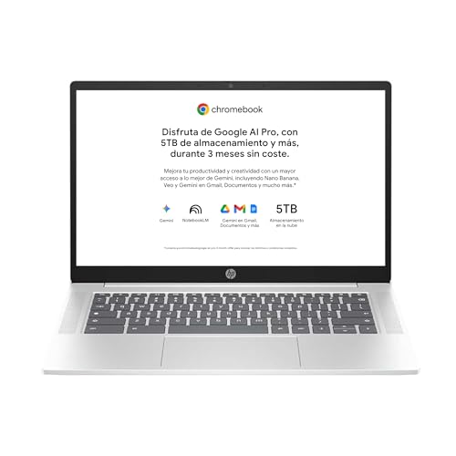 HP Chromebook - Ordenador portátil de Google 14" FHD (Intel N100, 8GB RAM, 128GB eMMC, ChromeOS) + Suscripción Google AI Pro con Gemini Pro y 5TB de Almacenamiento Durante 3 Meses - QWERTY Español