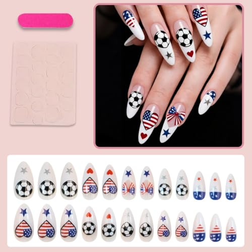 Image of Soccer Flag Press on Nails Medium Almond Fake Nails with Patriotic Football Design Reusable Glossy Full Cover World Cup Stick on Nail for Women Manicure 24Pcs