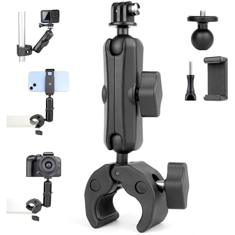 YALLSAME Super Clamp Camera Mount with 360° Ball Head & Phone Holder, Aluminum Magic Arm Camera Clamp Mount for GoPro/Insta360/DJI OSMO/AKASO/DSLR/Smartphone Cover