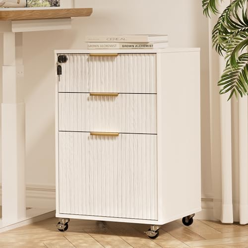 3 Drawers Fluted Mobile File Cabinet with Lock, Rolling File Cabinet Printer Stand Table, Under Desk Wooden Filing Cabinets for Home Office Essentials Storage Organization Furniture Letters/A4(White) by INNOD - Used condition - CA$167.39