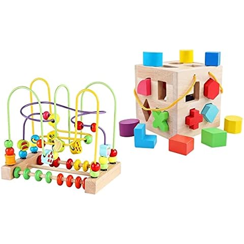 QZMTOY Wooden Shape Sorter（19pcs Blocks） and Fruits Bead Maze with Abacus for Toddlers Cover