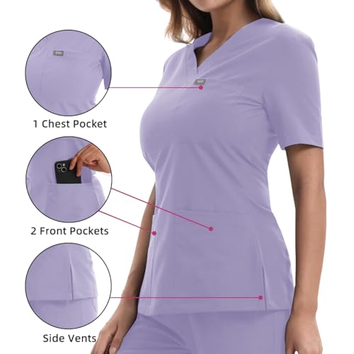 YEZEX Women's Medical Scrub Set, V-Neck Top & Jogger Pants, 10 Pockets, Light Purple — view 4
