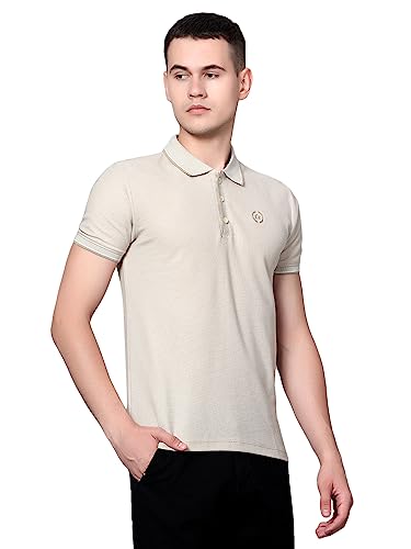 Image of Cantabil Beige Regular Fit Solid Polo Neck Half Sleeve Casual T-Shirt for Men | Half Sleeves Polo Neck T-Shirts for Men | Mens Polo Neck Solid T-Shirt (P MTSH00242)