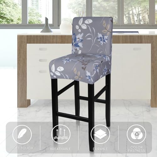 Image of SearchI Bar Stool Covers Set of 4, Stretch Washable Barstool Seat Covers, Counter Height Chair Covers for Kitchen Dining Room Cafe (Grey and Blue Flower)
