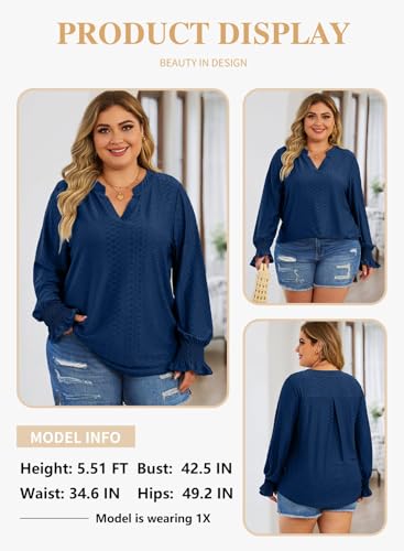 Eytino Women's Plus Size Tops Puff Long Sleeve Split V Neck Loose Casual Dressy Blouse Shirts(1X-5X)3