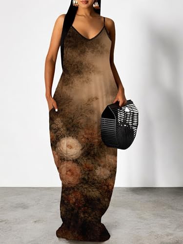 Image of Women's Summer Maxi Dress Spaghetti Strap Floral Boho Beach Long Sundress with Pockets