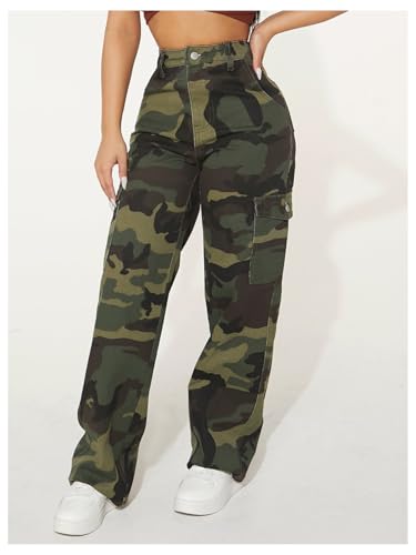 WDIRARA Women's Petite Camo Print Jeans High Waisted Flap Pocket Straight Leg Denim Pants Streetwear4
