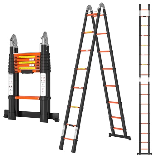 A-Frame Aluminum Telescopic Extension Ladder with Non-Slip Feet, 16.5FT Rv Telescope Foldable Extendable Compact Ladders for House Roof Travel Trailers, Adjustable Retractable, 330lbs Capacity by DIAMONDFORGE - Used condition - US$125.57