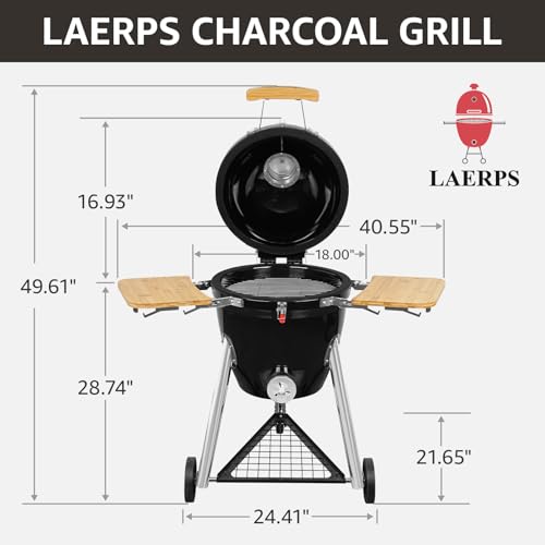 Large Kamado Charcoal Grill, Charcoal Grill with Smoker and Locking Lid, Kamado Charcoal Grill with Side Tray, Easy to Move and Clean, 18 Inches Large Charcoal Grills for Outdoor Cooking