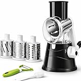Manual Rotary Cheese Grater for Kitchen, Vegetable Slicer, 3-in-1 Hand Crank Food Shredder for Cheese, Vegetables & Nuts, Stainless Steel Blades, Strong Suction Base, BPA-Free