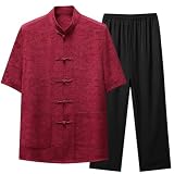 MQMYJSP Herren Tang-Anzug Set Kurzarm-Oberteil mit offener Front und knöchellange Hose leicht 2-teilig Red S