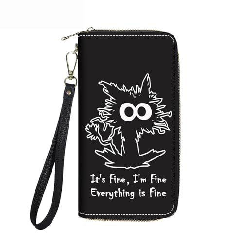 Women's Large Capacity Wallet PU Leather Zip Around Clutch Purse Multifunctional Wallet with Removable Wristlet Strap for Smart Phone/Coin/Card/Cash, Funny Cat - It's Fine I'm Fine Everything is Fine