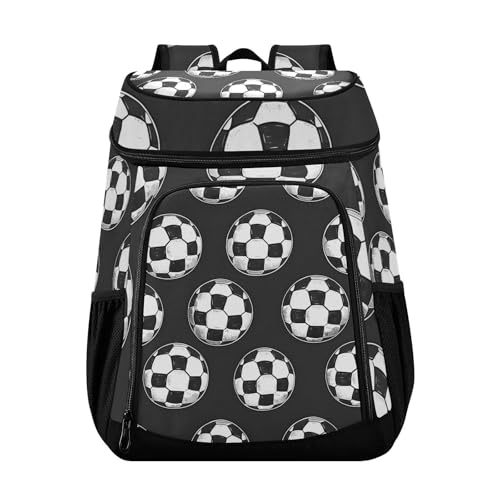 White Soccer Balls Black Cooler Backpack Cooler Insulated Leak Proof Lunch Backpack 36 Cans Waterproof Soft for Men Women Picnic Hiking Camping Beach